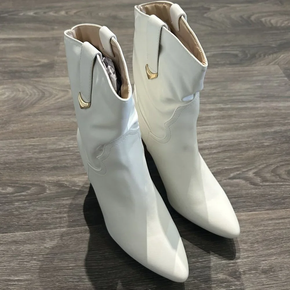 NEW Lulus Size 9 Taryne White Pointed Toe Boots Booties Faux Leather Block Heel